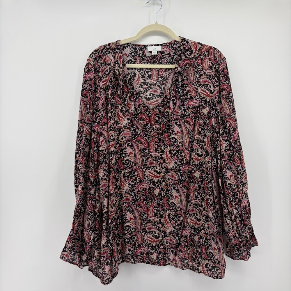 J. Jill Womens XL Black‎ Pink Paisley Blouse Flowy Rayon Ruffle Neck Long Sleeve